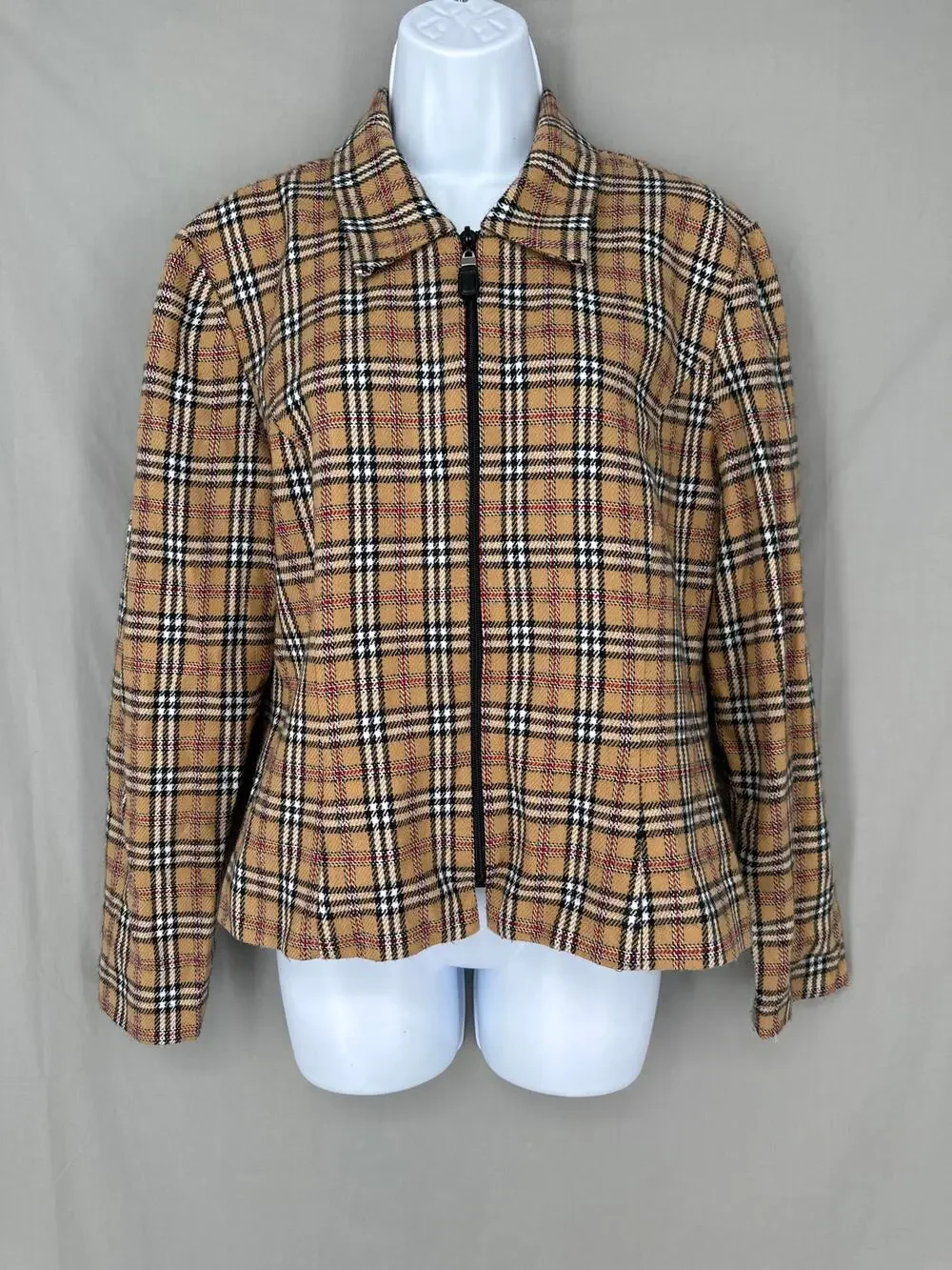 90s Vintage Jacket Womens Medium Tan Plaid Black Red Zip Cozy Academia Grunge